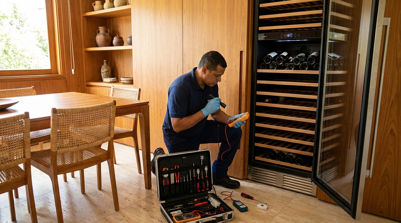 Substituição de termostato em adega climatizada em visita técnica no Do Quadro, Vitória‑ES